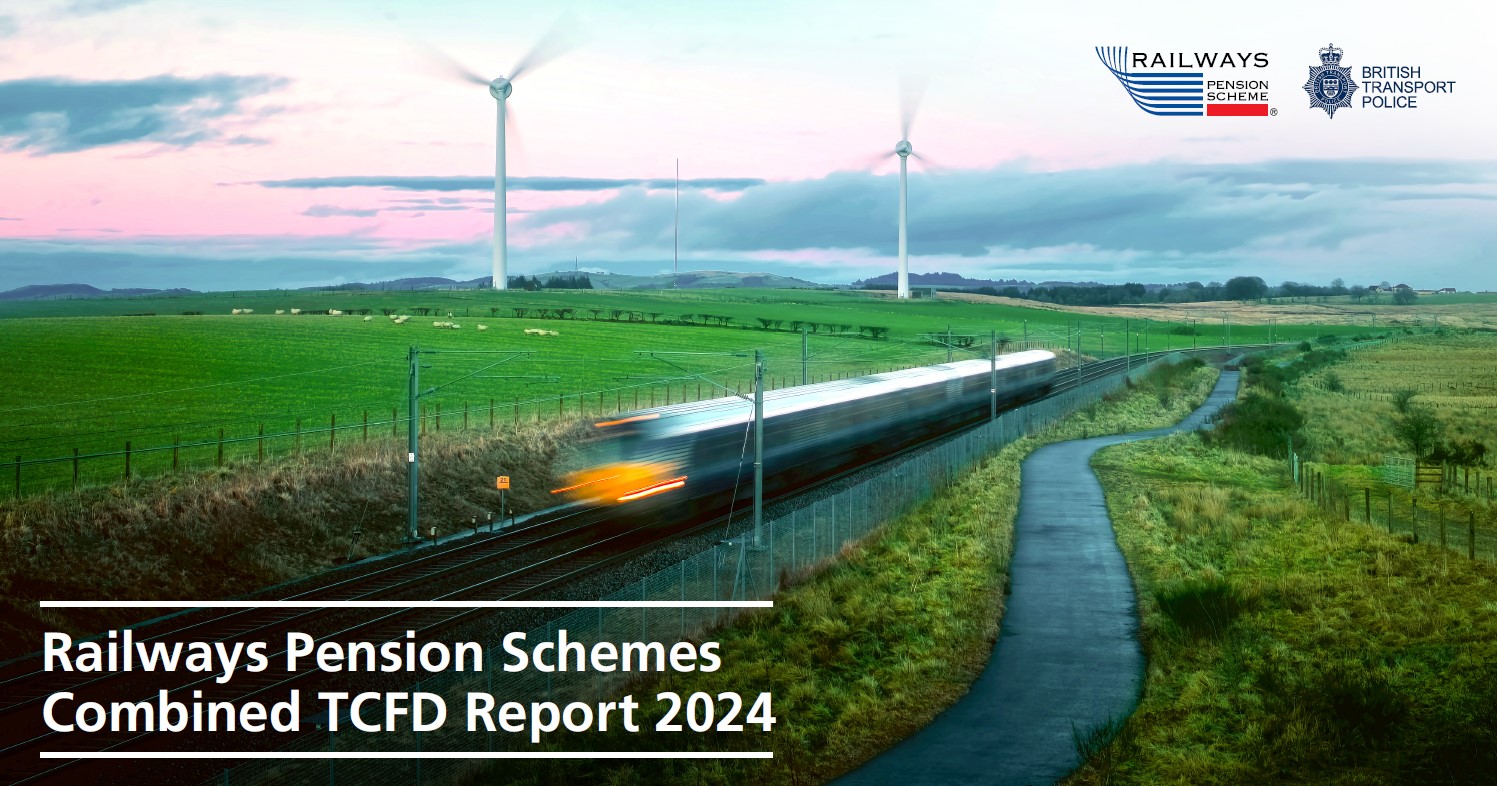 Image shows the front cover of the Railways Pension Schemes Combined TCFD Report 2024.
