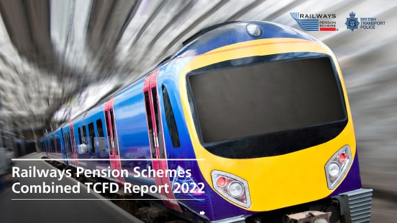 Blue and yellow train at a station with blurred background. Logos of the Railways Pension Scheme and British Transport Police in top right corner